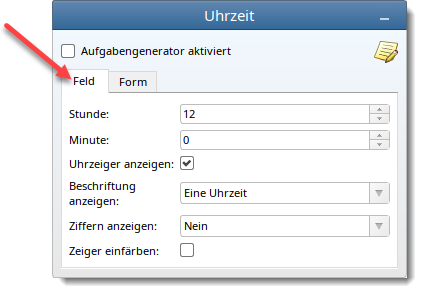 Property editor for selected clock field (manual mode)